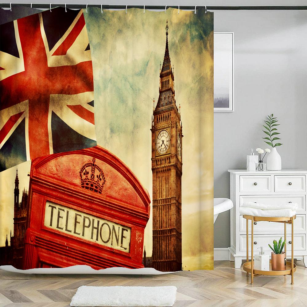Retro Style 3d Print Shower Curtains Paris Tower Street View Telephone Booth Bath Curtain Waterproof Polyester Bathroom Curtain