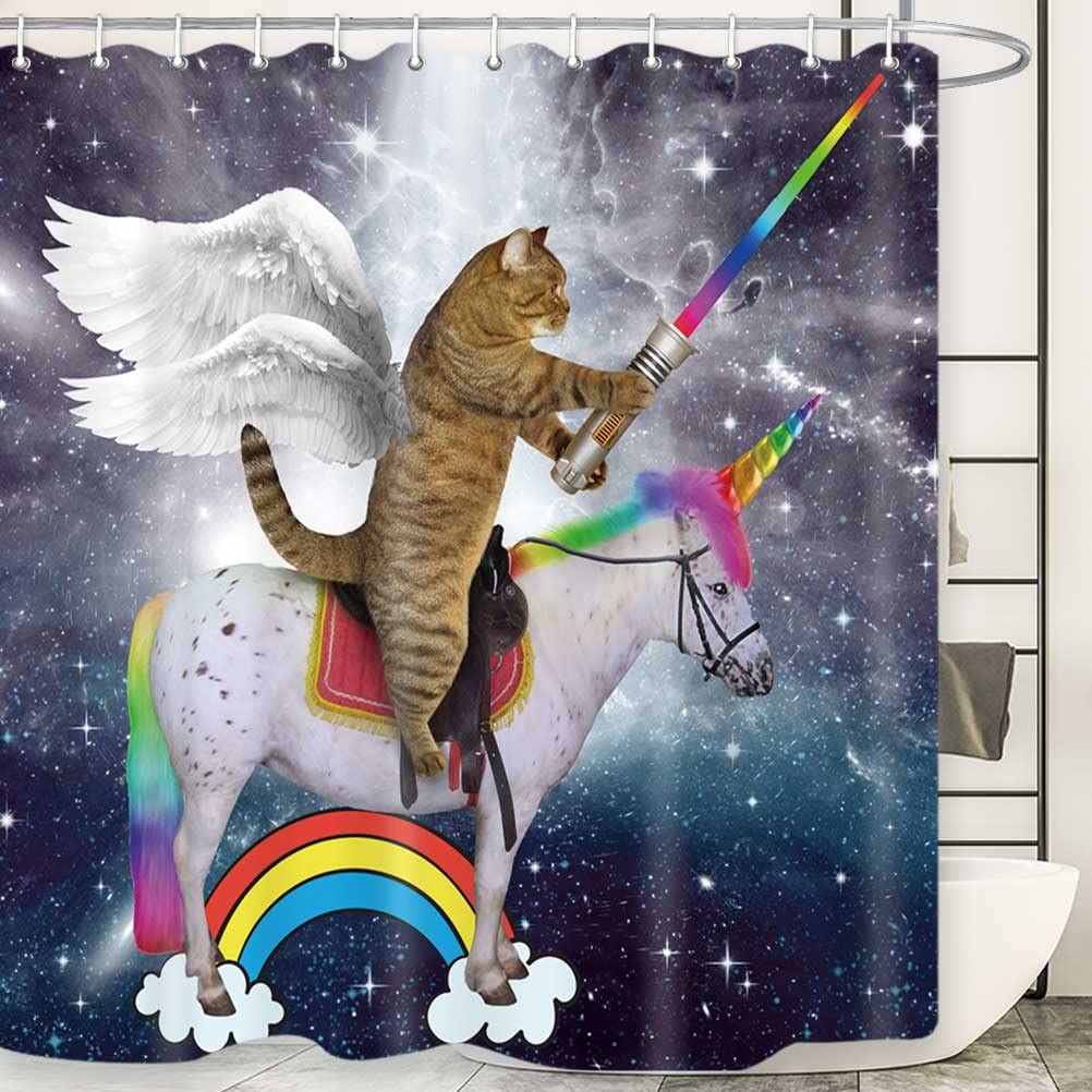Cool Cat Shower Curtain Set Man Cave Bathroom Decor Awesome Hero Unicorn Shooting Fire Blue Polyester Fabric 12 Hooks Included