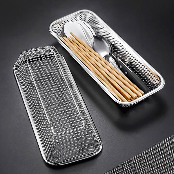 Ribmoon Stainless Steel Cutlery Storage Box (B Perforated Mesh), 1 Piece, Matte Silver, Korean Popular Tableware