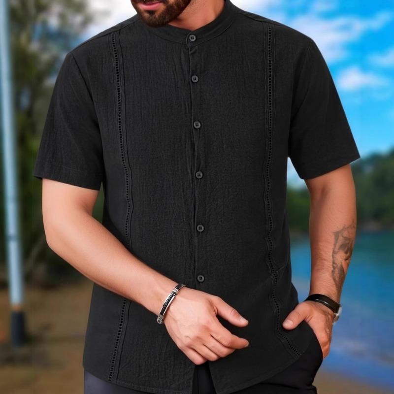 Mens Casual Solid Stand Collar Short Sleeve Button Shirt For Beach Vacation