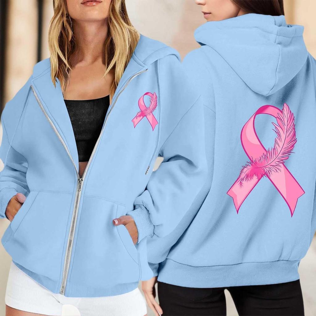 Women's Breast Sweatshirt Ribbon Breast Long Sleeve Hooded Pocket Casual Sweatshirt Jacket