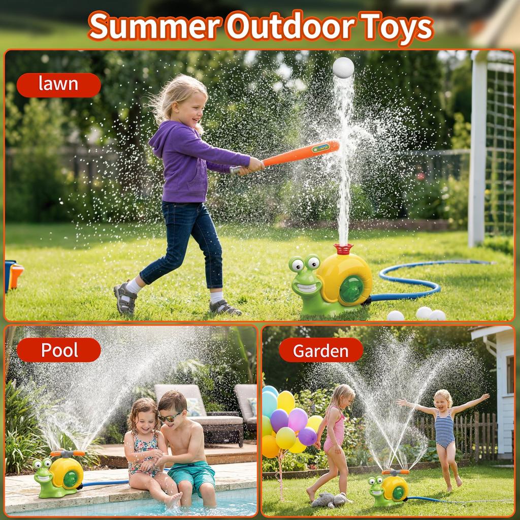 Water Sprinkler Baseball Toy Snail for Kids 3–12, 2 In 1 Outdoor Dual Sprayer Hitting Game with 360° Adjustable Spray, 80–120cm Water Jet