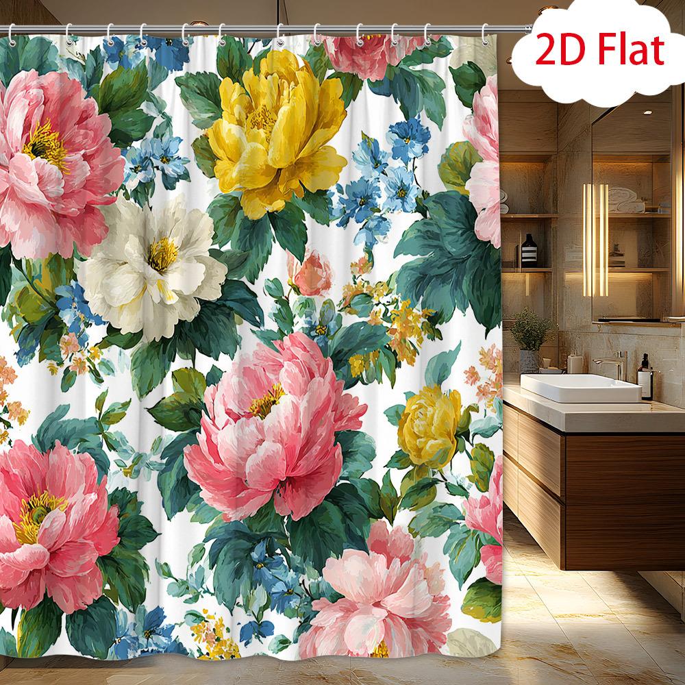 

1pc Large Floral Peony Shower Curtain with 12 Hooks - Pink/White/Blue/Green Botanical Bathroom Decor, Pink Peonies & Green Lea 90x180cm
