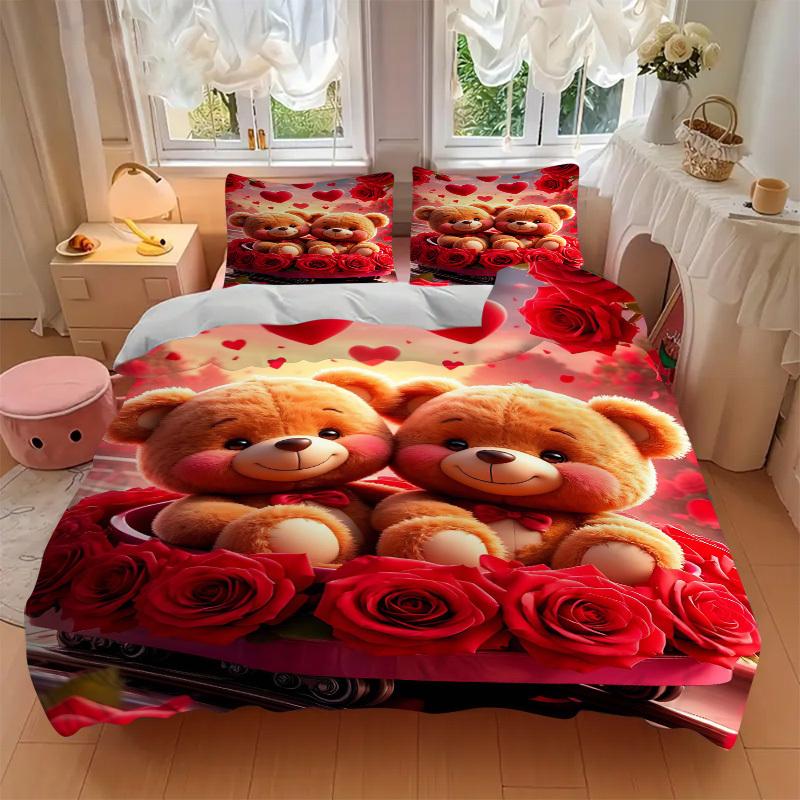 3pcs Anime Teddy Bear Bedding Set - Includes One Quilt Cover and Two Pillowcases (No Core) - Perfect for Bedroom and Guest Room Decoration -