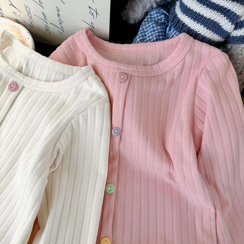 2024 Autumn New Girls' Lace Trim Long-Sleeve Top - Colorful Button Sweet T-Shirt