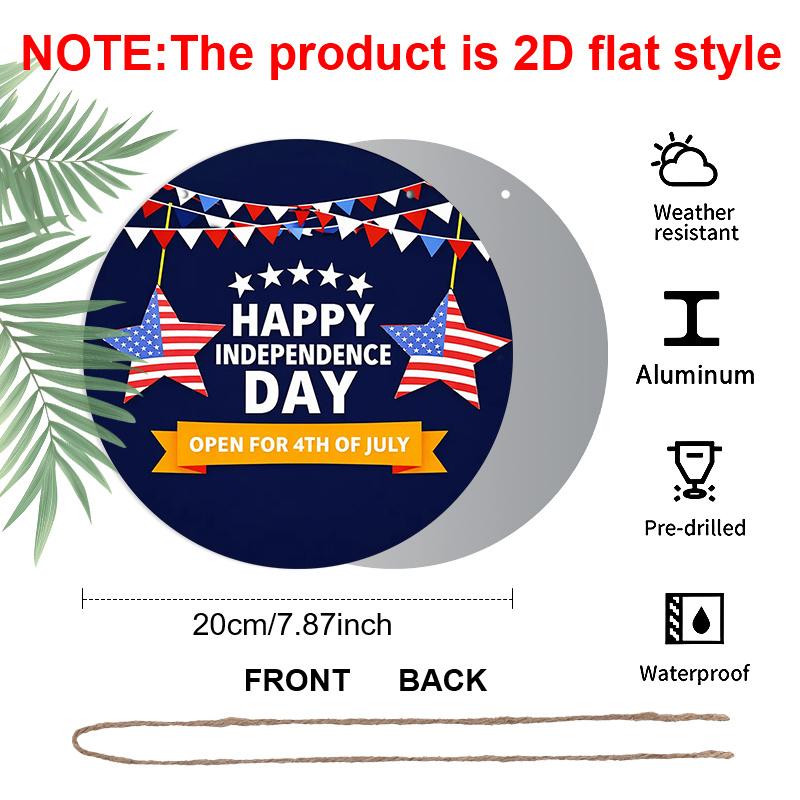 2D Flat, 1pc Round "Happy Independence Day" Aluminum Hanging Sign, Patriotic USA Flag Star Bunting Design, Rustic 4th of July Metal Wall Decor