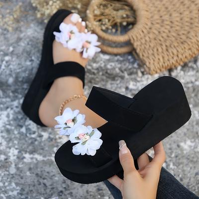 Bequeme Damen-Strandsandalen mit dicker Sohle, Schwarzer Stoff mit handgefertigtem 3D-Blumendesign, EVA-Sohle, Sommer-Slipper-Plateauschuhe, Lässige Sandalen