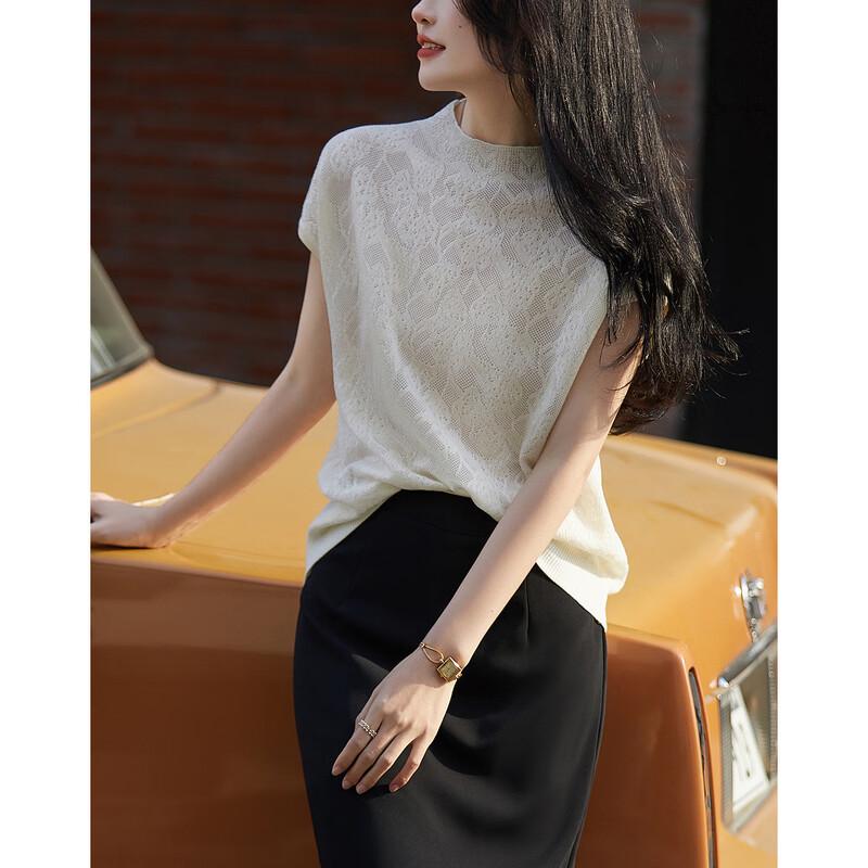 Demana Women s Semi-High Collar Lace Jacquard Knit Short Sleeve Top L