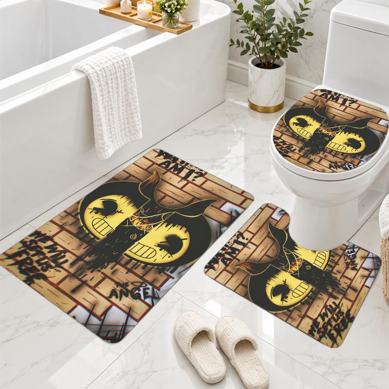 3Pcs Flannel Toilet Mat Set Bendy and the Ink Machine Bathroom Rug Non Slip Bath Carpet Home Decor