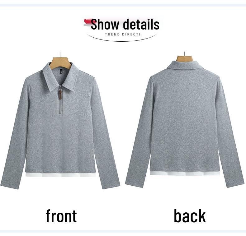 Women's Slimming Cotton Long Sleeve Zipper Lapel T-Shirt