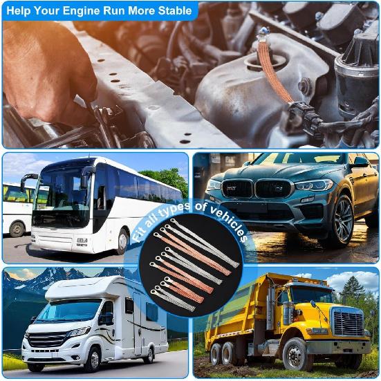 12 Pcs Universal Automotive Ground Straps, 10/15/20 Inch Engine Ground Strap Kit With Ring Terminals, Braided Copper Tinned Copper Engine Grounding