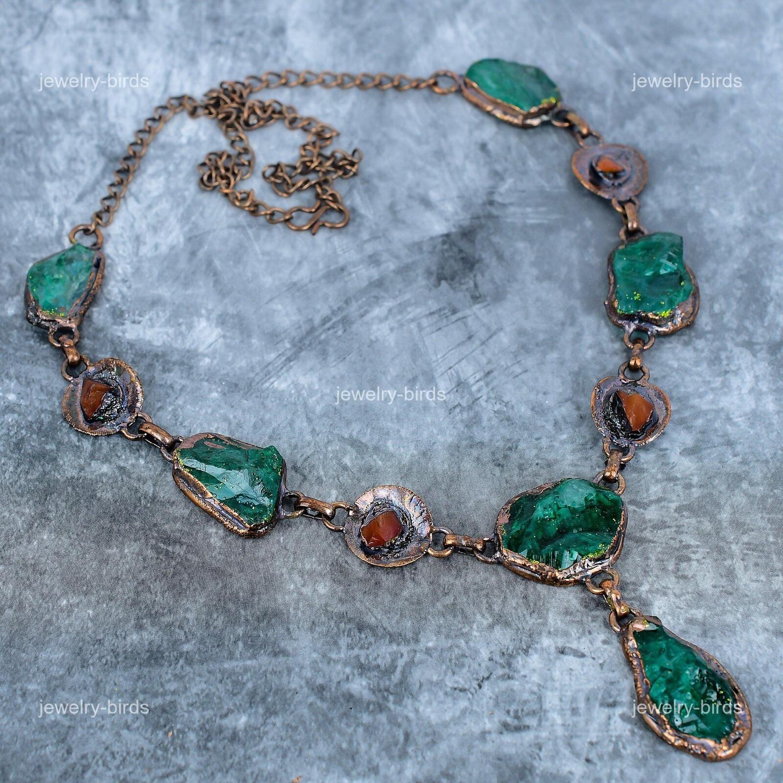 

Green Tourmaline Gemstone Copper Chain Electroformed Heart Chakra Hook Necklace VP-107