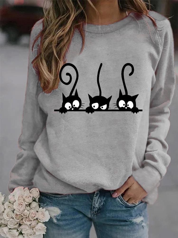 Women Winter Long Sleeved Casual Round Neck Black Cats Printed Loose Sweatshirt Tops & Blouses Plus Size T-shirts