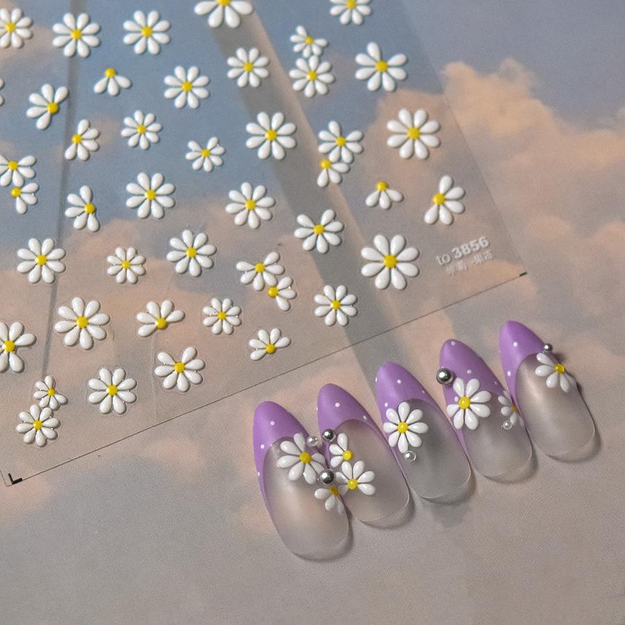 1Sheet 5D Soft Embossed Relief Nail Stickers Cute Daisies Self Adhesive Slider Stickers Press On Nails DIY Nail Art Dec