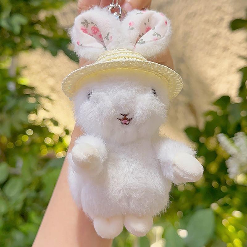 Cute Plush Rabbit Keychain With Floral Ear And Straw Hat Design For Daily Use