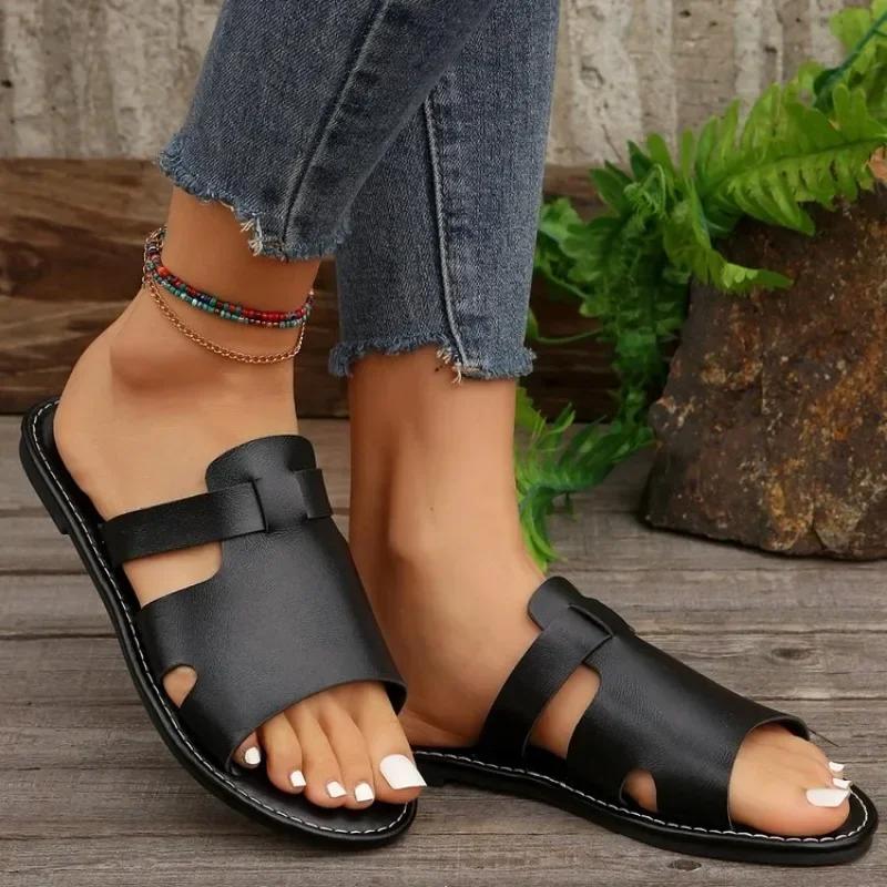 Sommer Einfarbig Flache Sandalen Popula 2024 Zehenfrei Outdoor Hausschuhe Strand Damen Schuhe Übergröße Zapatos De Mujer Pantoletten Absätze