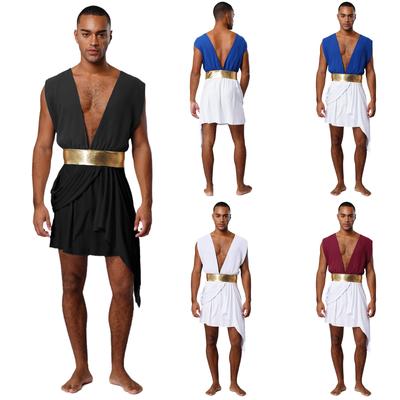 Heren Oud-Griekse Toga Mouwloos Kleurblok Metallic Taille Asymmetrische Gewaad Halloween Rollenspel Kostuum