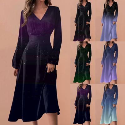 Γυναικεία ανοιξιάτικα και φθινοπωρινά περιστασιακά μακρυμάνικα φορέματα με λαιμόκοψη V με στάμπα