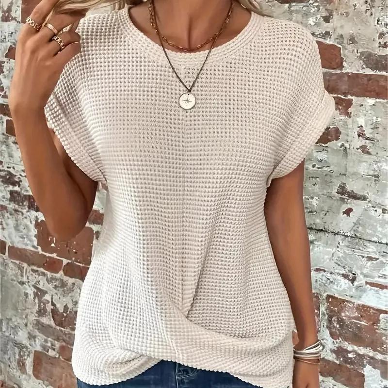 

Cross-border Solid Color Round-collar T-shirt Elegant Short-sleeved Twisted Top Spring and Summer Women s Wear 2XL слонова кістка