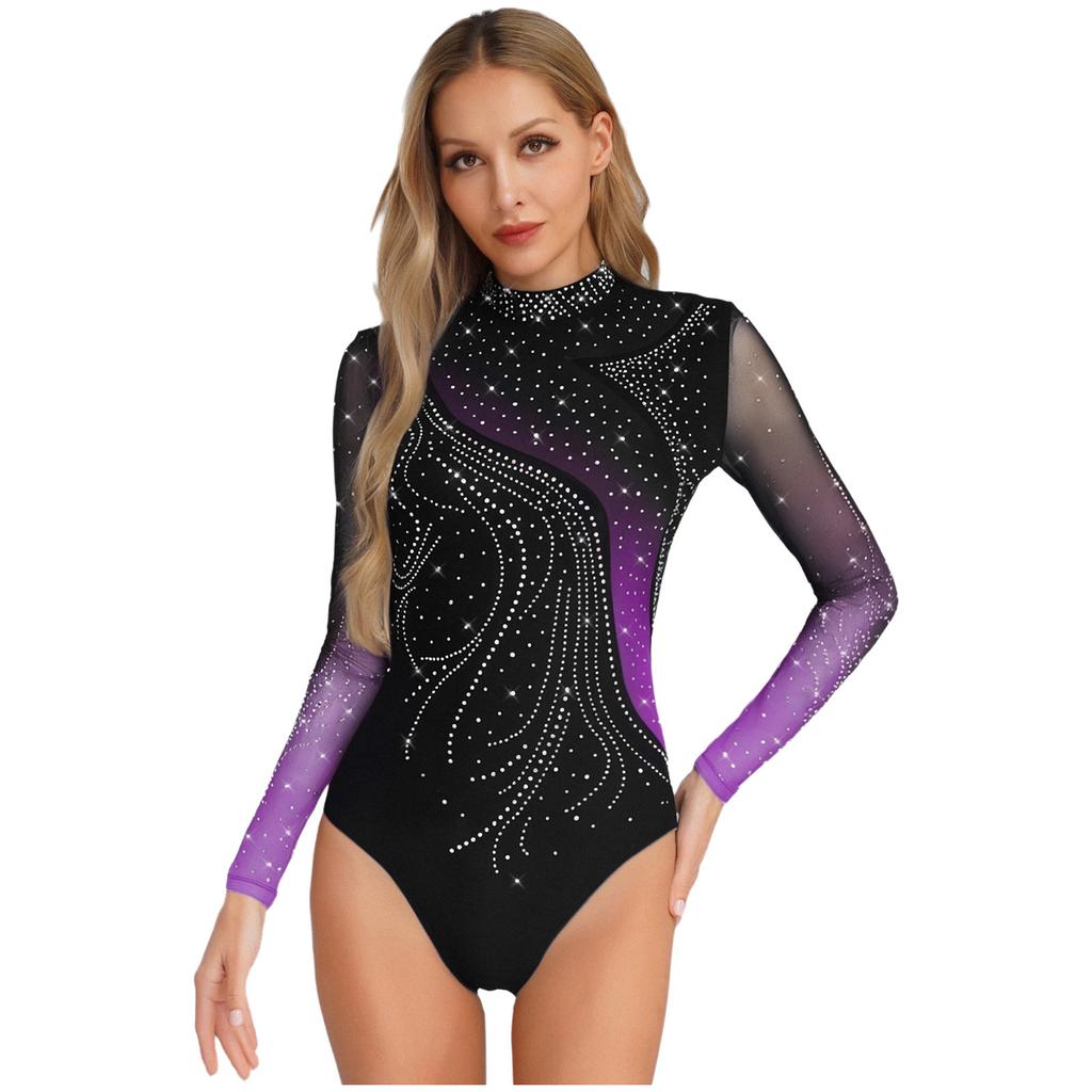 Womens Figure Skating Leotard Rhinestone Long Sleeve Hollow Out Design Ballet Gymnastic Training Bodysuit