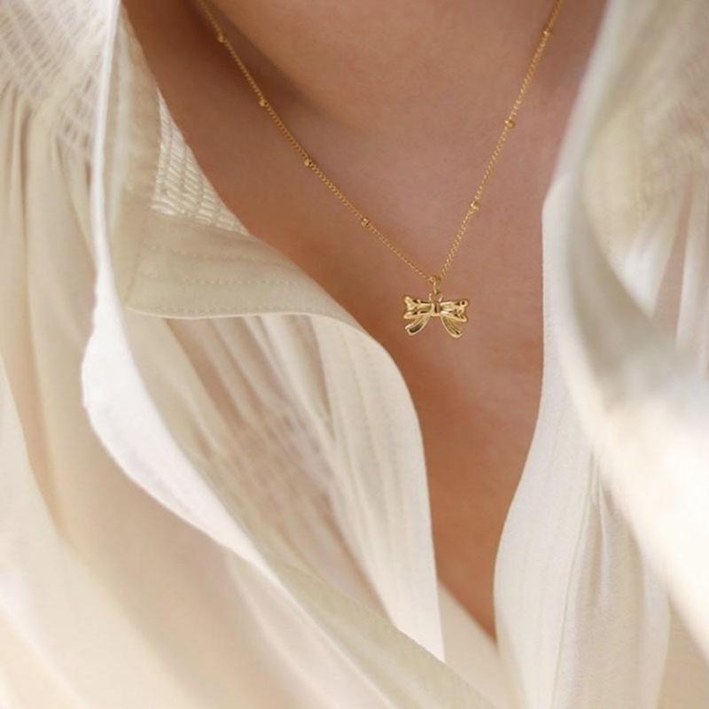 Titaniums Steel Necklace Beaded Chain Necklace Bowknot Charm Necklace Multifuntional Neck Jewelry Suitable for Daily