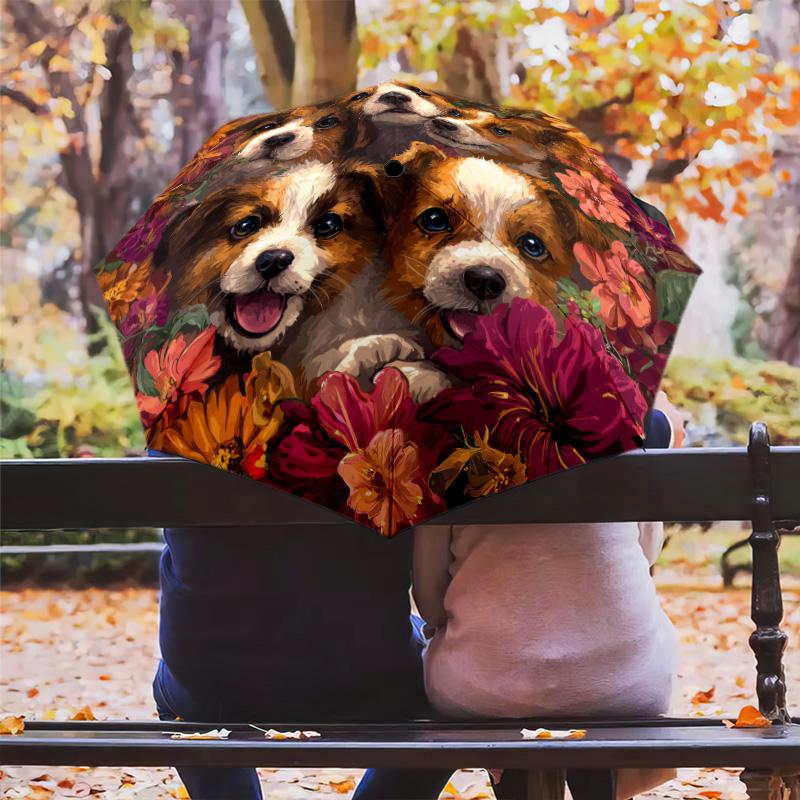 0106 Dog In Flower Bush  Pattern, Automatic Folding Umbrella, Portable and Foldable Design, 8 Ribs, a Christmas or Birthday Gift.
