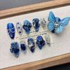 Square Press On Nails Almond Fake Nails Blue False Nails with Butterfly Design Full Cover Acrylic Glue On Nails Artificial Stick On Nails for Women