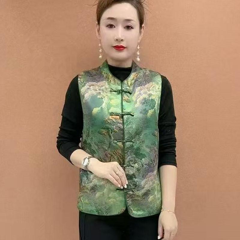 2026 New Chinese Style Jacquard Vest - National Style, Round Neck, Temperament Outerwear Tang Suit Top XL зелёный