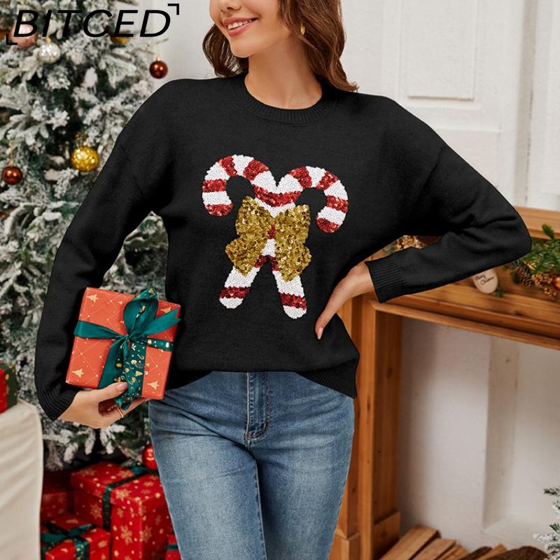BITCED Christmas Candy Cane Bow Sequined Women's Knitwear Autumn/Winter Fashion O-Neck Long-Sleeved Knit Jumper