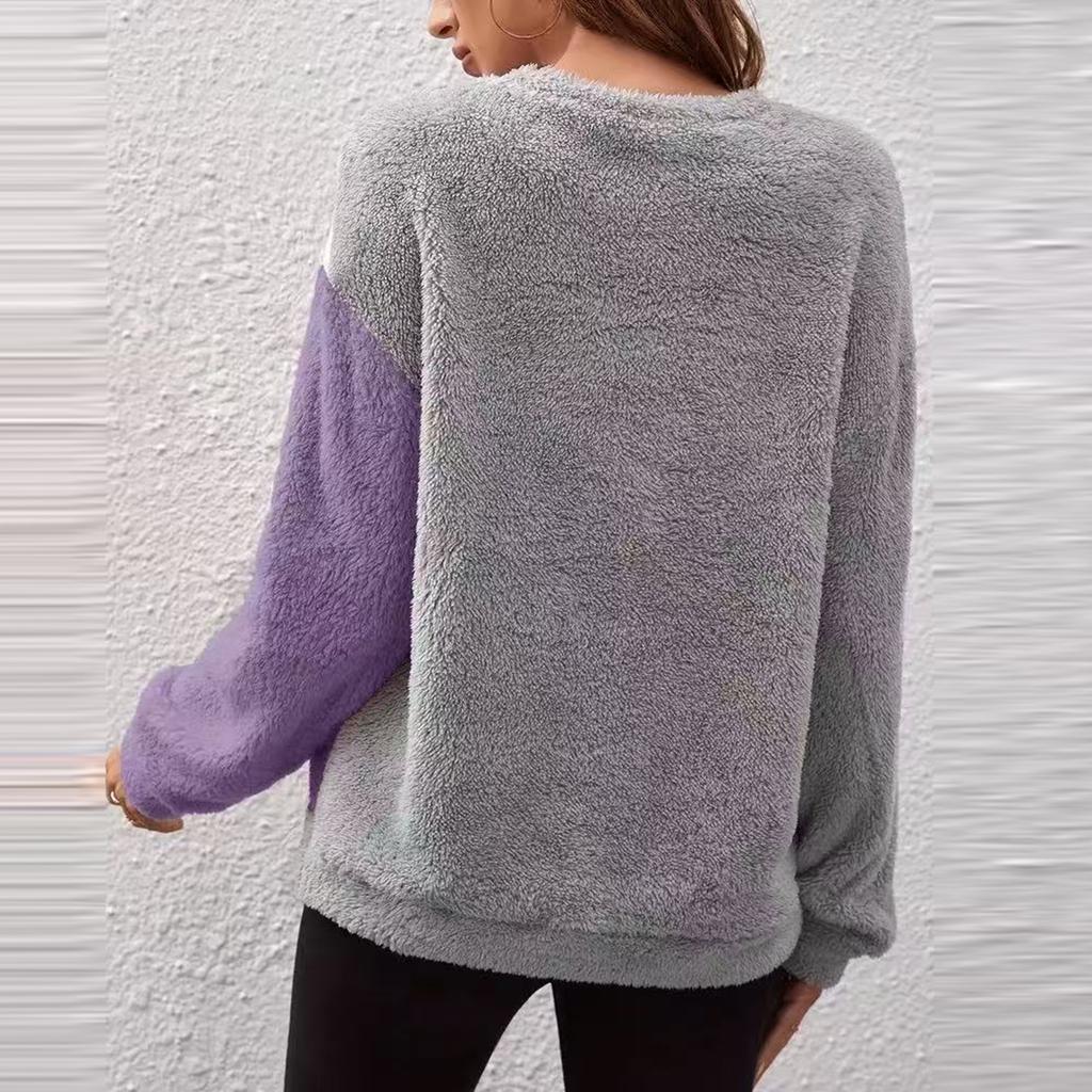 Women's Fashion Casual Round Neck Contrasting Color Drop Shoulder Sleeve Fleece Long Sleeve Pullover Top