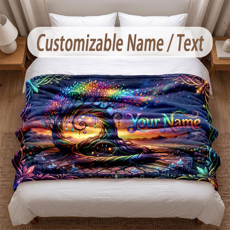 Pătură moale cu tematica Arborele Vieții Personalizată cu Numele Clientului Text Imprimat Pătură Caldă Decor pentru Casă Canapea Dormitor
