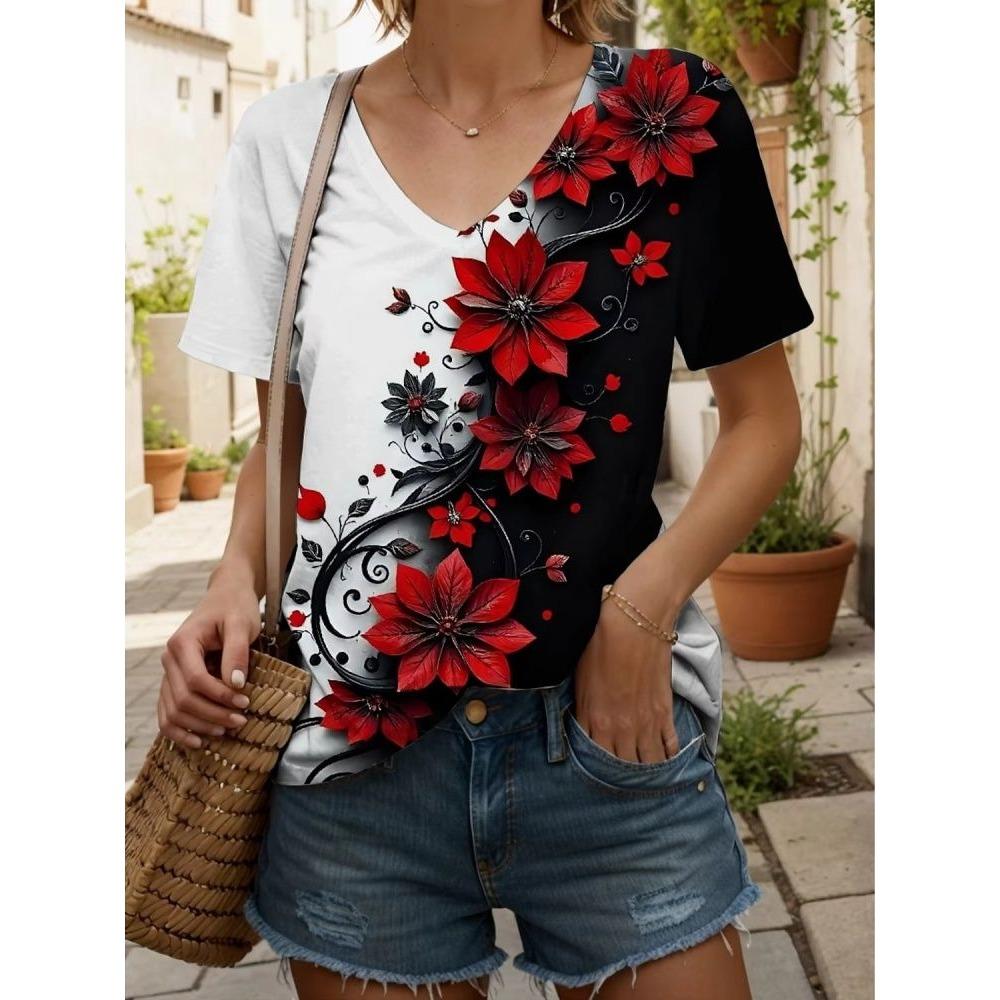 V-neck short sleeved T-shirt for summer, breathable and fashionable women's T-shirt