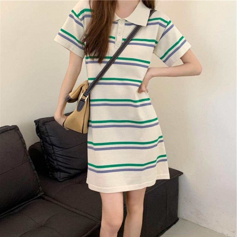 Tmall Douyin quality new summer Korean age-reducing polo collar loose stripe contrasting short-sleeved dress female student