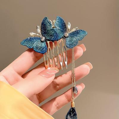 Pince à cheveux avec pompons papillon bleu, pince à peigne Vintage élégante pour femmes et filles, pince à cheveux queue de cheval, feuille de fleur, épingle à cheveux, outils de coiffure