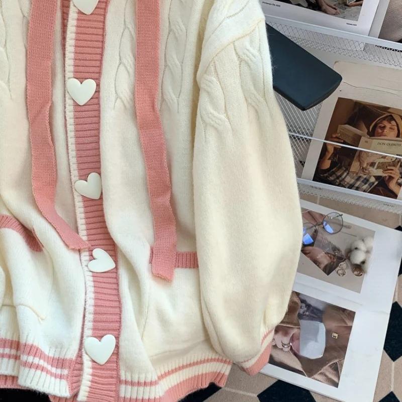Women's Heart Shaped Buttons Cardigan with Hooded Autumn Threaded Pattern Loose Casual Tops Beige Color Contrast Sweater