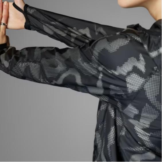adidas Wind.Rdy Full Zip Hooded Jacket, Women Logo Print Long Sleeve Windproof Sports Outerwear Black Reflective Silver IT3445