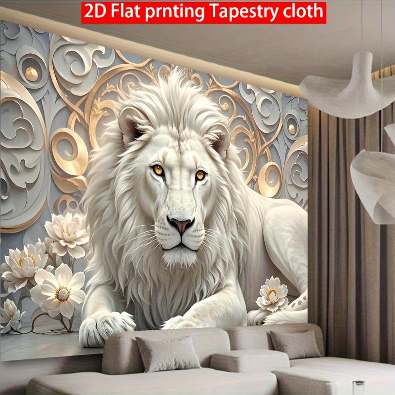 1pc Cloth Regal White Lion Tapestry Ornate Floral Wall Hanging for Living Rooms Luxurious Spaces Featuring a Majestic