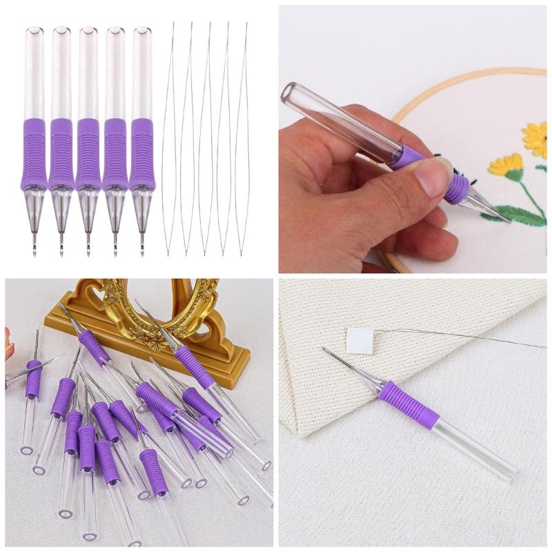 5Pieces Punching Needle Embroidery Pen with Needle Threader Punching Needle Tool ABS Embroidery Pen for Stitching Craft