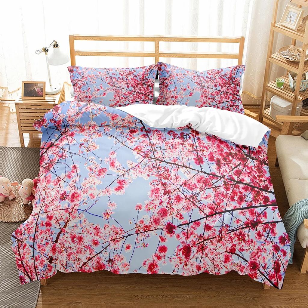Plum Flower Duvet Cover Collection Red Flower Pattern Bedding Collection For Girls Women Polyester Comforter Cover Quilt Cover King Full Size