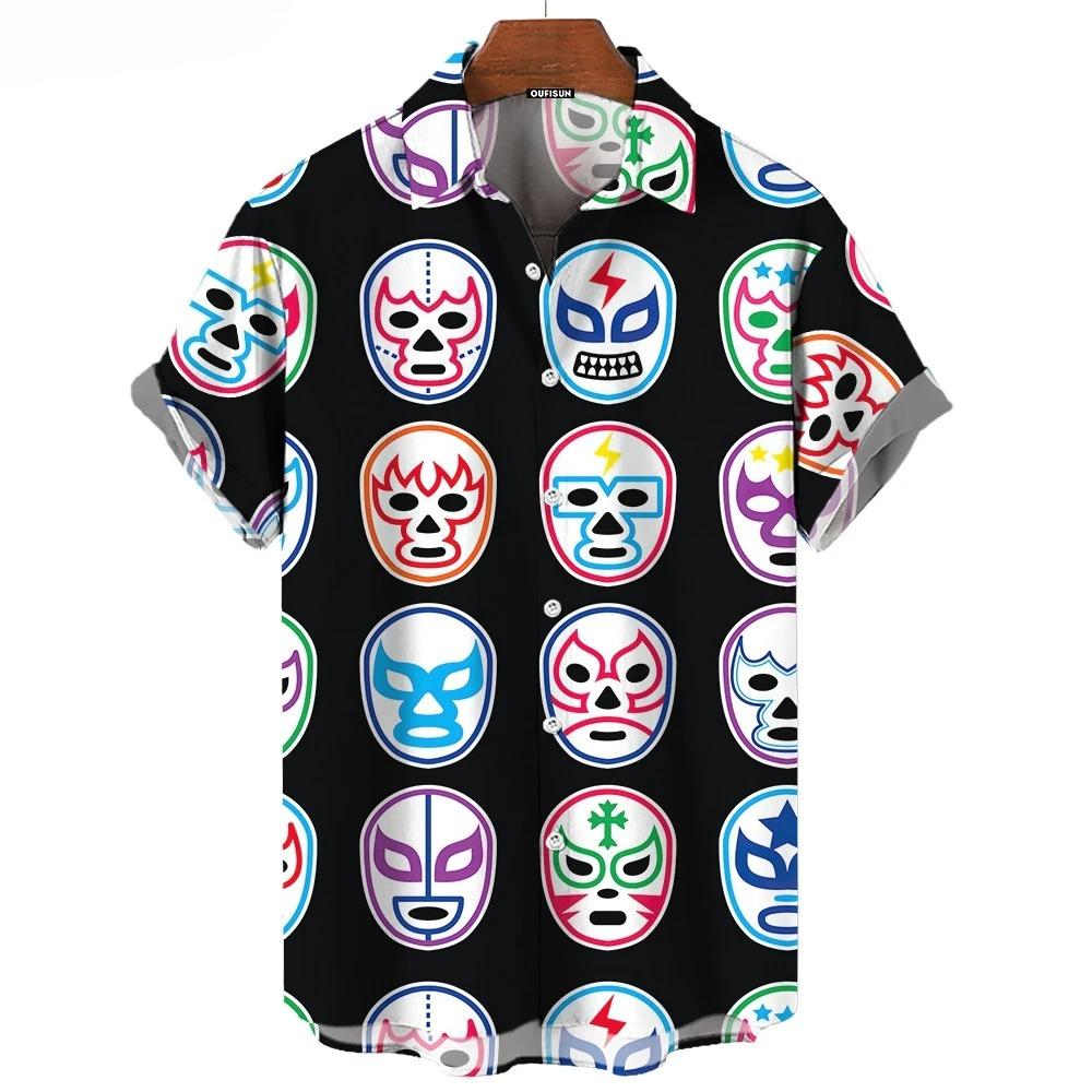 Camisa de Hombre con Estampado de Máscara 3D Verano Lucha Libre Camisa de Manga Corta Casual Camisa Hawaiana para Hombre Ropa Holgada Lucha Libre Mexicana