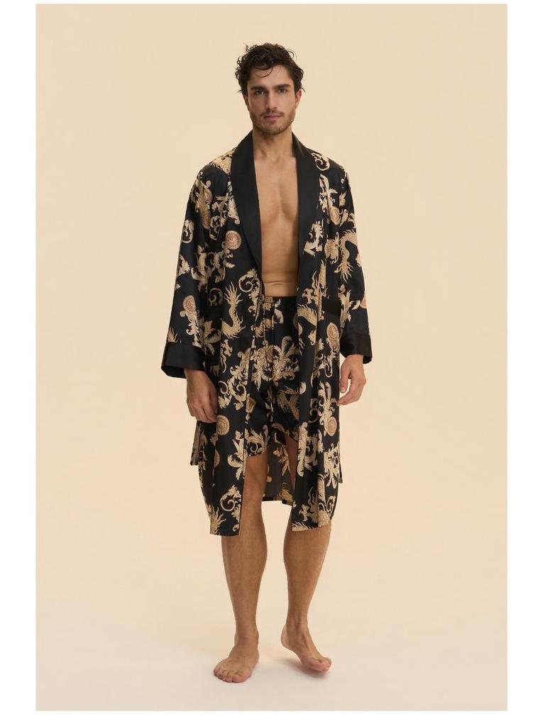 Yaoting Men's Long Sleeve Silk Pajamas and Bathrobe Set, Ice Silk Loungewear