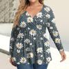 Women's Plus Size Shirt Long Sleeve  Print Top Pleated Casual V-Neck Top