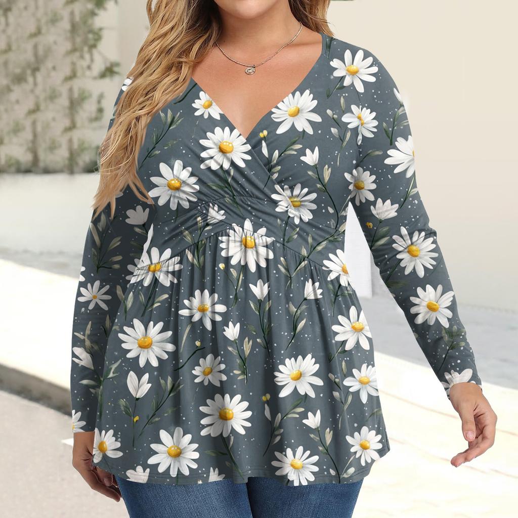 Women's Plus Size Shirt Long Sleeve  Print Top Pleated Casual V-Neck Top