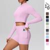 European & American Fashion Slim Fit Zipper Jacket & High Waist Cloud Feel Pocket Yoga Shorts Set