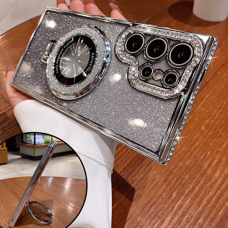 Suitable for Samsung S24ultra Mobile Phone Case S23 Rhinestone Magnetic Bracket S22 Advanced Sense Anti Fall Flashing Powder