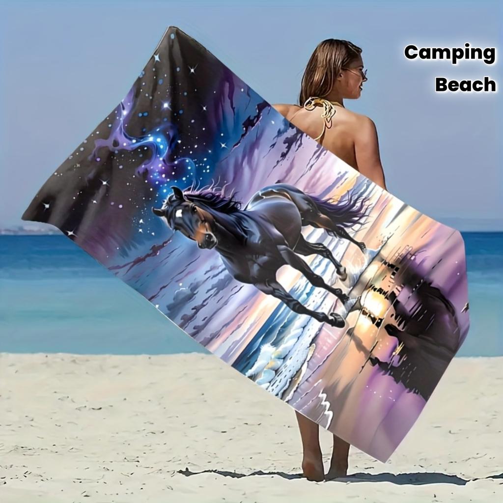 Purple Galaxy Starry Sky Horse Printed Beach Towel Polyester Soft Quick Dry Large Bath Towel Summer Swimming Pool Surf Blanket