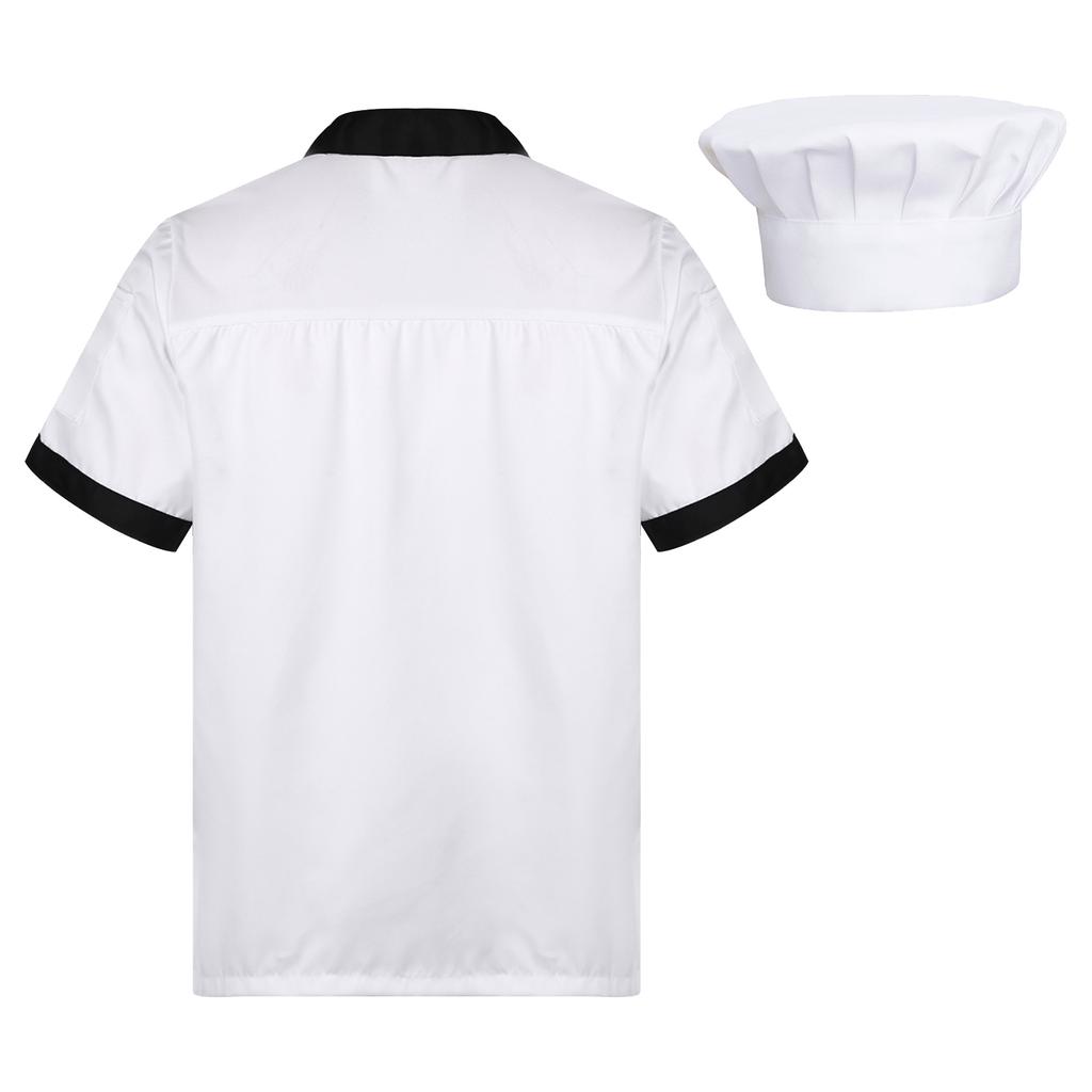 Unisex oddychający fartuch szefa kuchni z krótkim rękawem, zapinany na guziki, kurtka kucharza, uniform piekarni, kuchni, restauracji, czapka