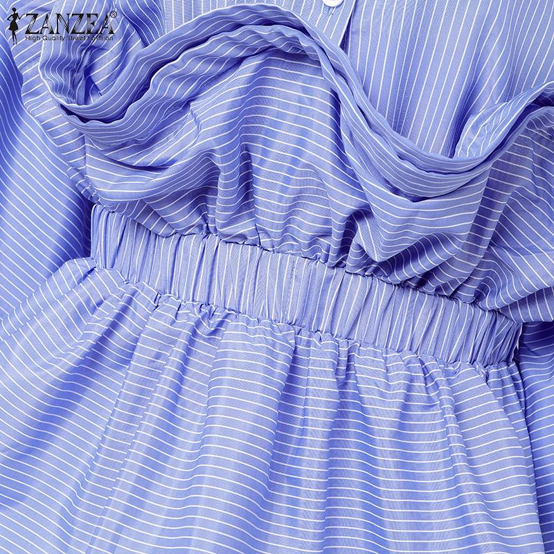 ZANZEA Women Casual O-neck Long Sleeve 3D Ruffles Splice Loose Stripe Blouse