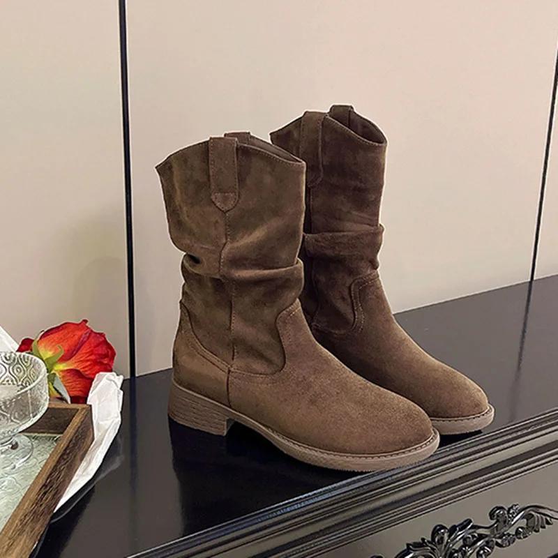 Suede Western Stacked Boots Women Fashion Chunky Heeled Mid-calf Boots Women Spring Autumn Shoes Solid Retro
