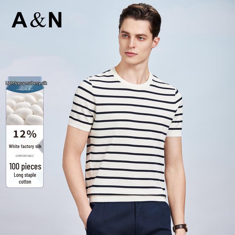 

Men s Striped Mulberry Silk Blend Short Sleeve T-Shirt 56